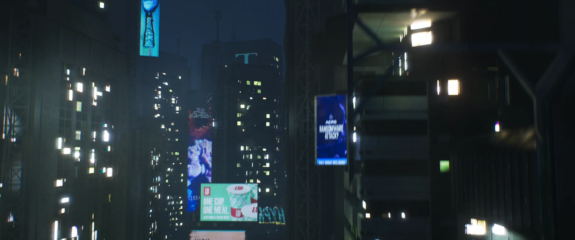 A moving view through a futuristic city at night, lit by neon signs.