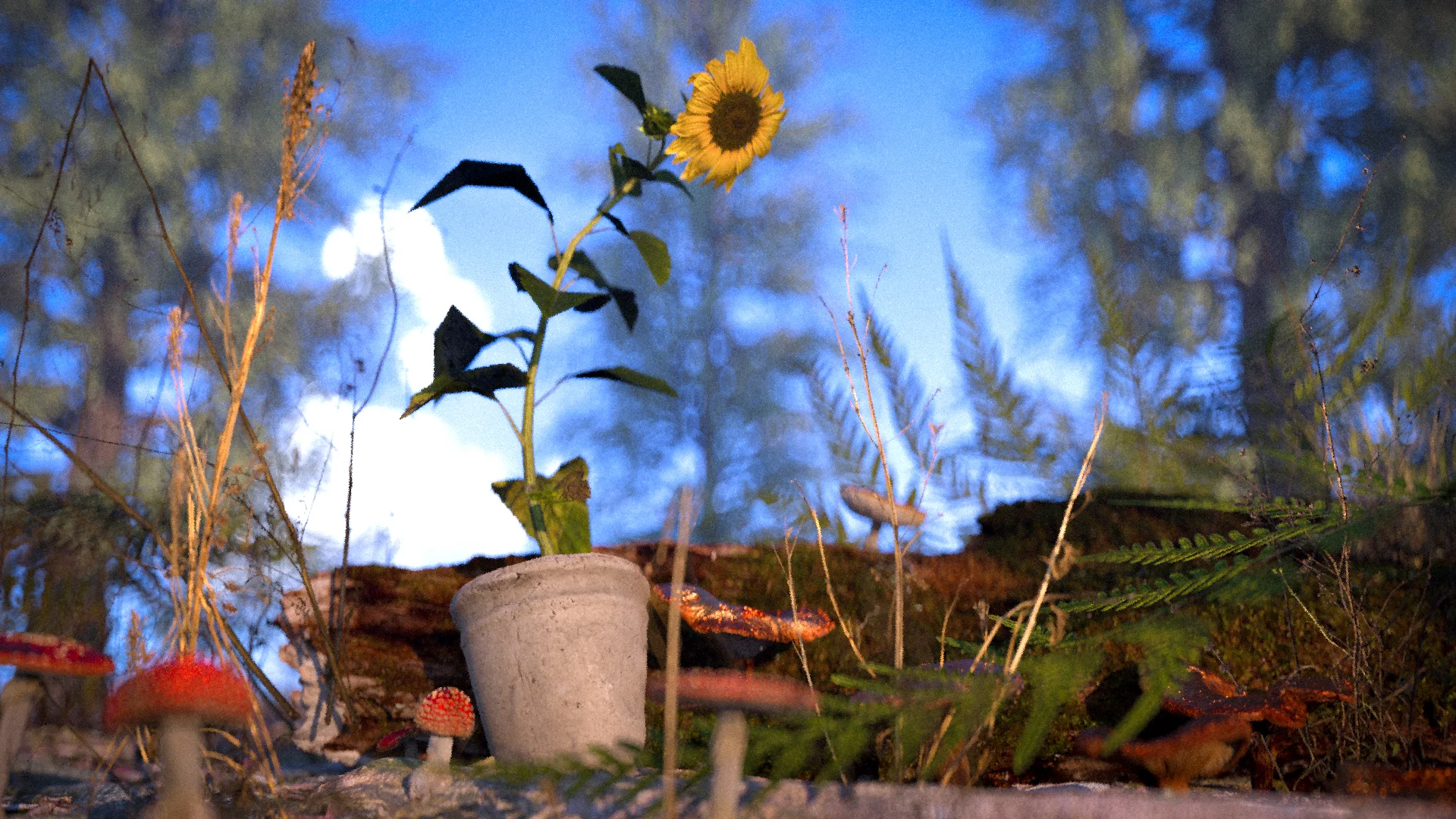 A potted sunflower among grass and mushrooms.