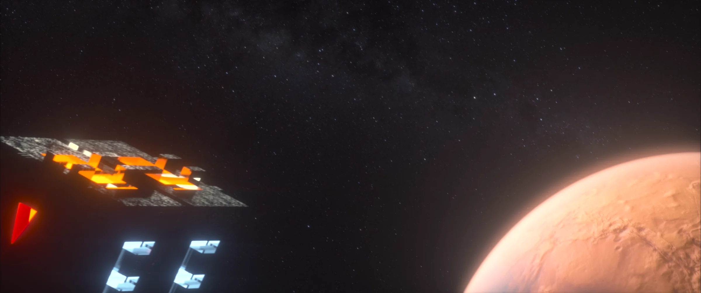 An illuminated spacecraft moving into view above Mars.