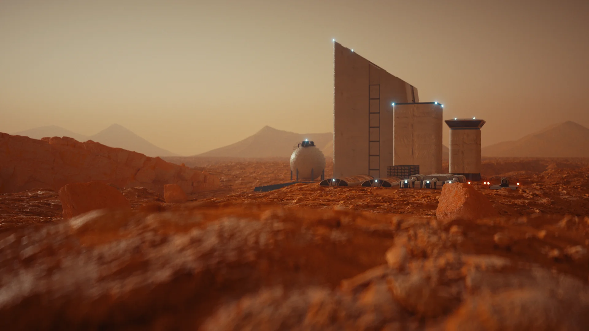 A futuristic settlement in a rocky Martian landscape.