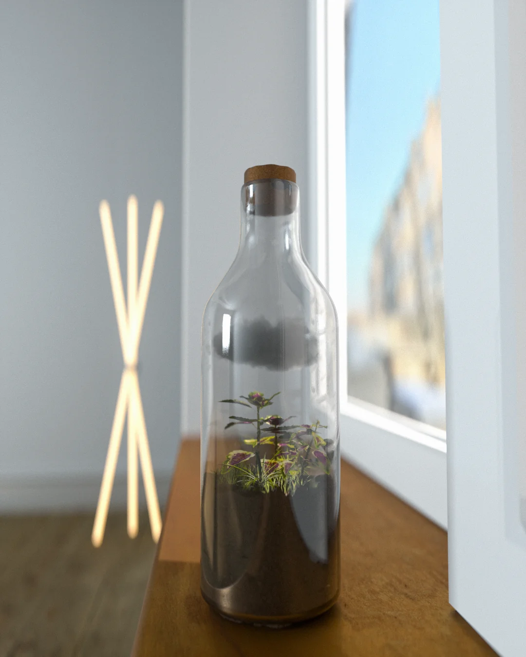 A glass bottle containing a small plant beside a window.