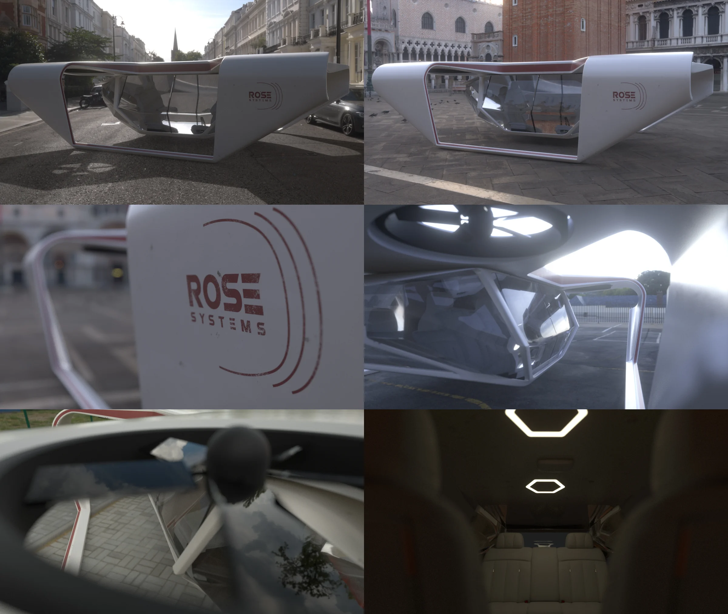Six views of a futuristic air vehicle, showing its exterior and cabin.